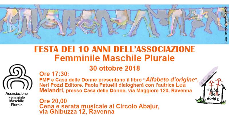 Locandina per la festa dei 10 anni dell'Associazione Femminile Maschile Plurale.